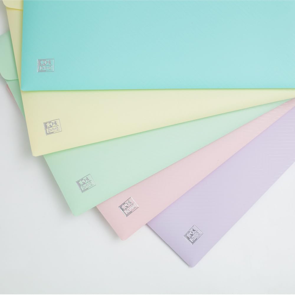 Oxford A4 Plastic Document Popper Wallets - Assorted Pastel Colours | Pack of 5