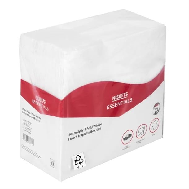 NISBETS Essentials 2-Ply Lunch Napkins - White, 30cm, 50 Count Box