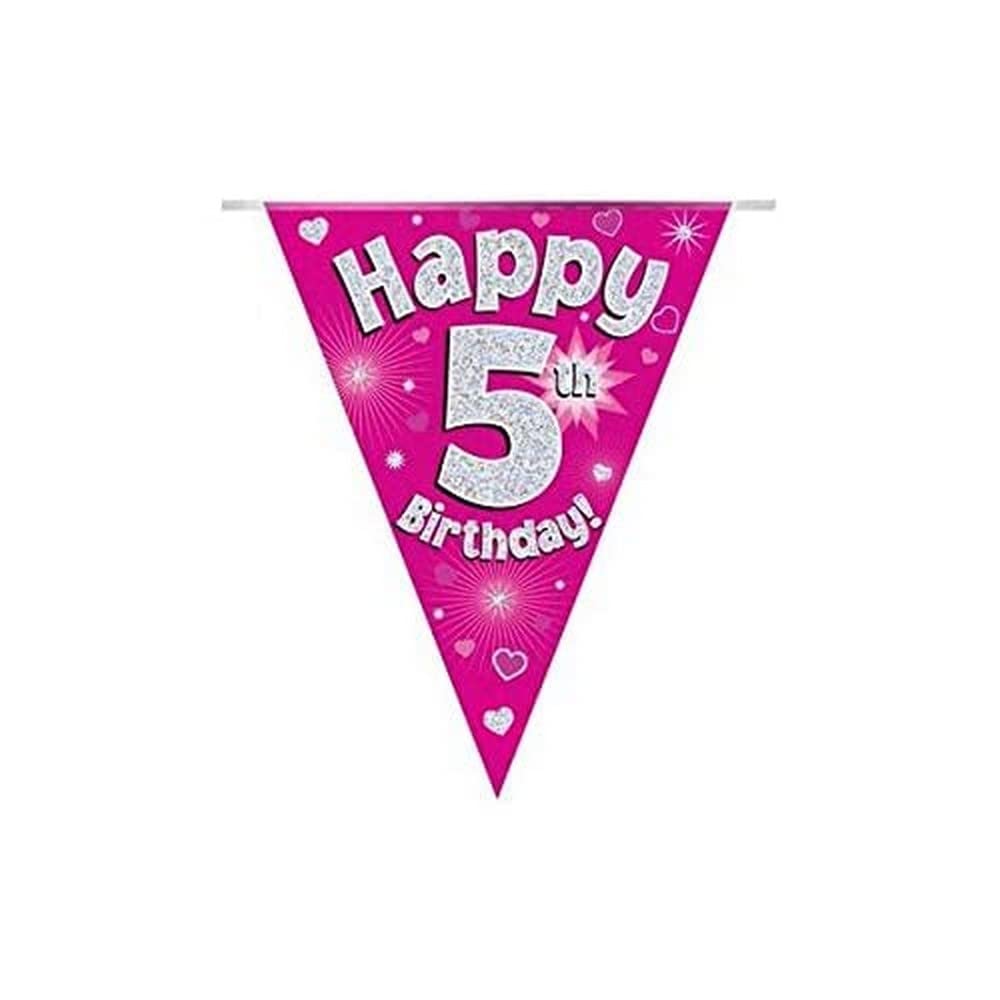 OakTree Happy 5th Birthday Bunting Banner - Pink Holographic | 11 Flags | 3.9m Length
