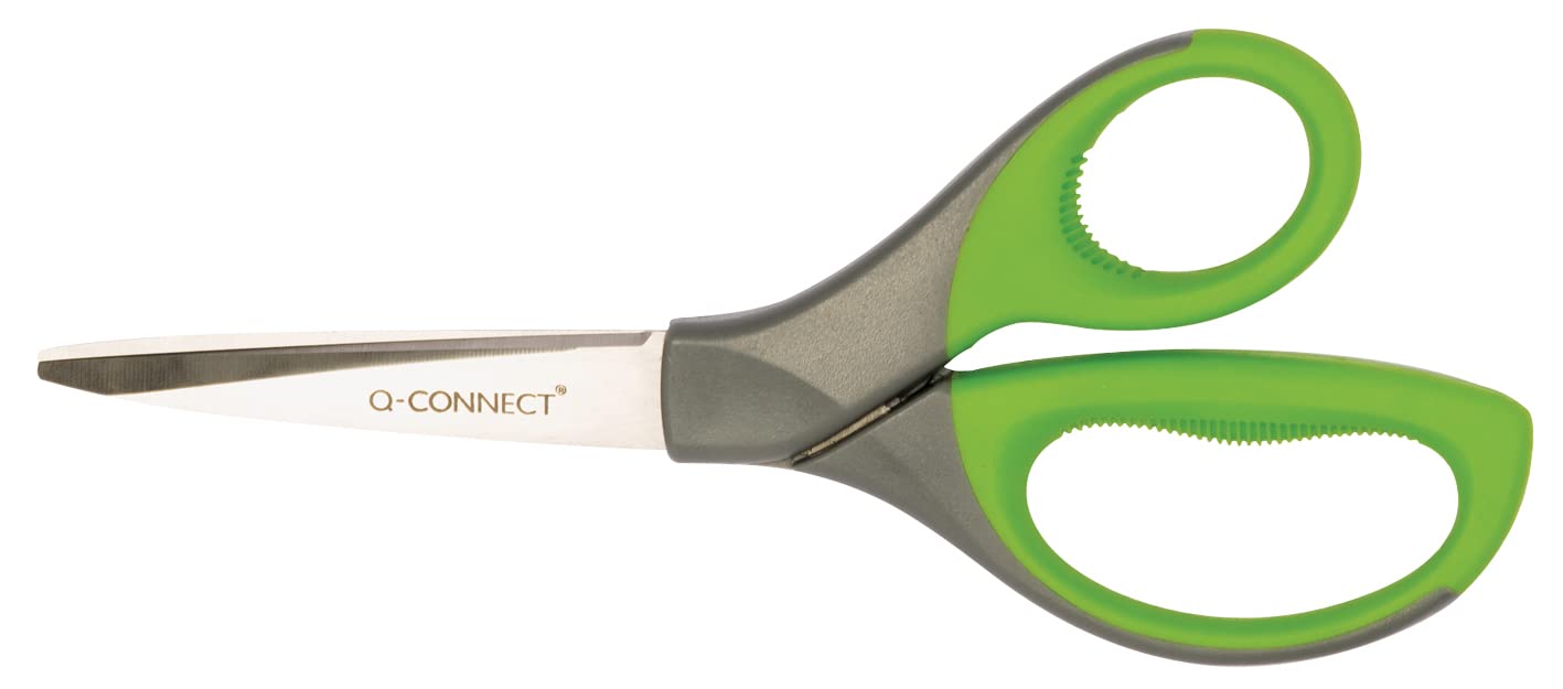 Q-Connect 8-inch Premium Scissors - Stainless Steel Blade | Green and Grey Handle