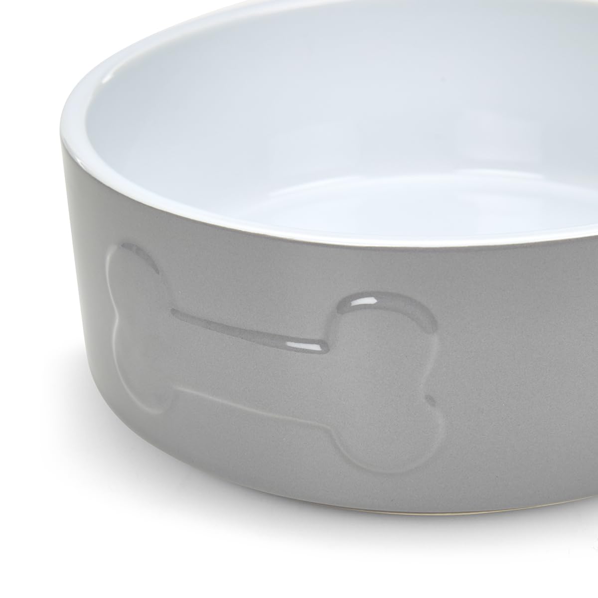 Petface Ceramic Bone Pet Bowl for Dogs and Cats | 20 cm Diameter | Grey/White