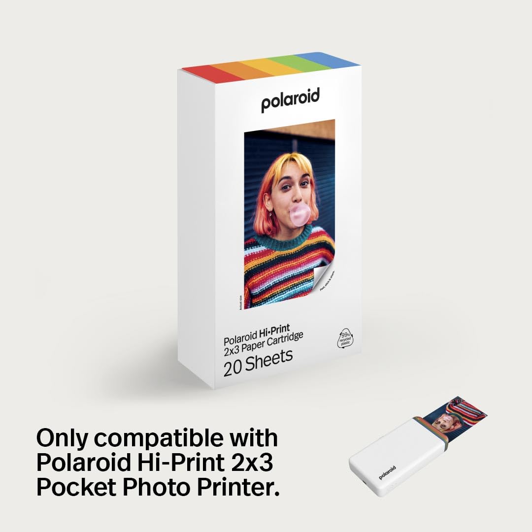 Polaroid Hi·Print 2x3 Photo Paper Cartridges - 20 Sheets, Sticky-Back, Glossy Finish
