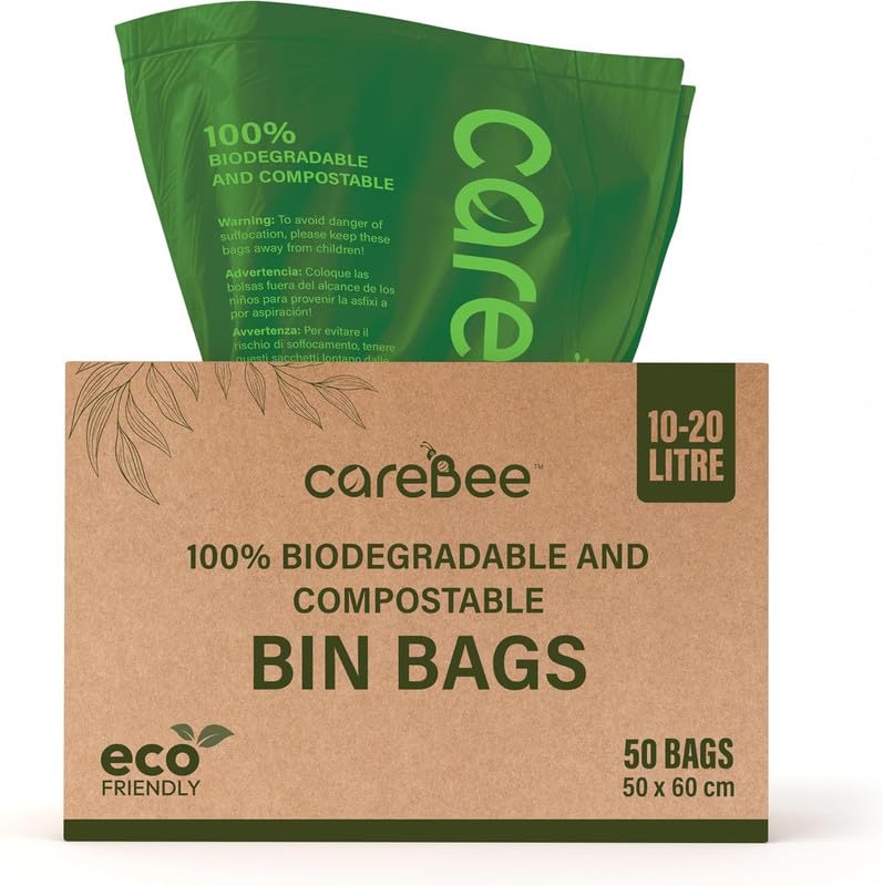 CareBee Biodegradable Kitchen Bin Bags - 50 Bags, 50L Capacity | Compostable & Leak-Proof