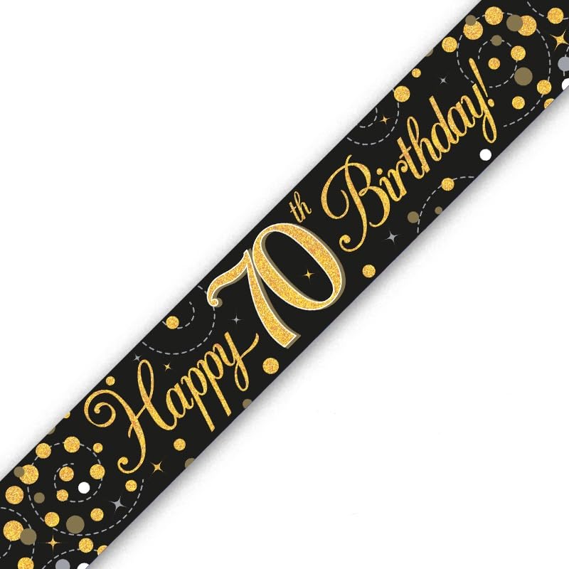 OakTree 70th Birthday Banner - Sparkling Fizz Black & Gold Holographic | 2.7m Length