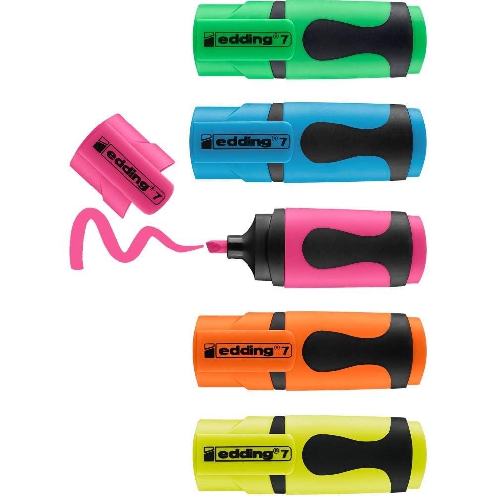 edding 7 Mini Highlighter - 5 Pack Neon Colours | Chisel Nib | Water-Based Ink