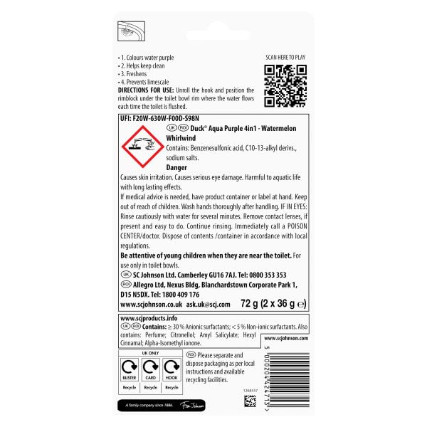 DUCK Watermelon Whirlwind Rim Block Toilet Cleaner - Foaming Action, Purple Color, Anti-Limescale | 2 Count 7