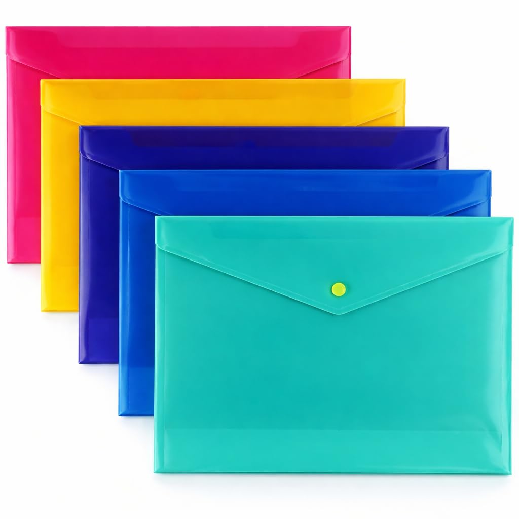 1ABOVE A4 Popper Wallets - 5 Assorted Colour Plastic Document Folders | 100 Sheet Capacity