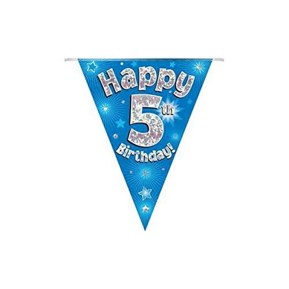 OakTree Happy 5th Birthday Blue Holographic Bunting Banner - 11 Flags, 3.9m Length