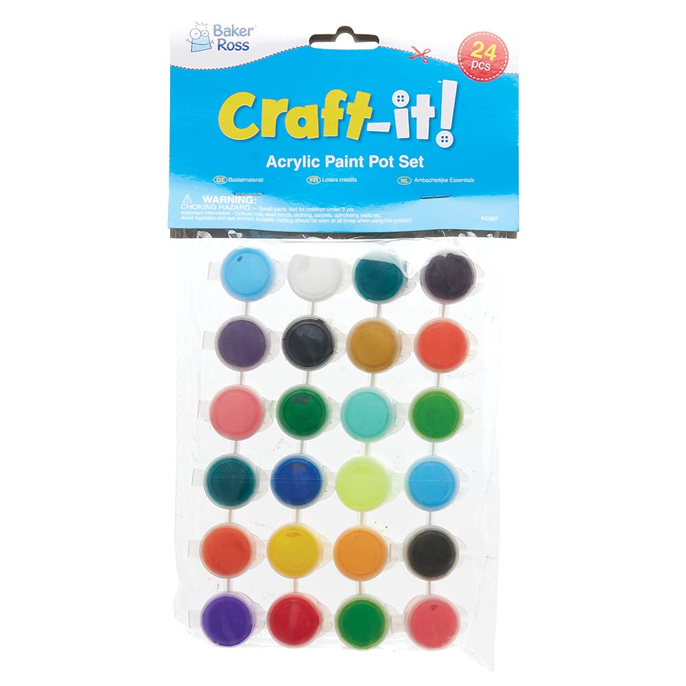 Baker Ross Acrylic Paint Pot Set - 24 Assorted Colors | 4.2ml Pots | Fast-Drying 6