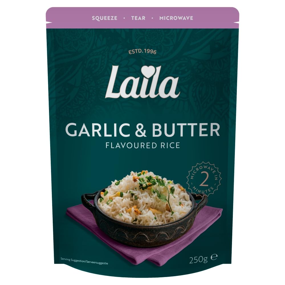LAILA Garlic & Butter Microwave Rice - 250g | Ready in 2 Minutes | Fluffy Basmati 1