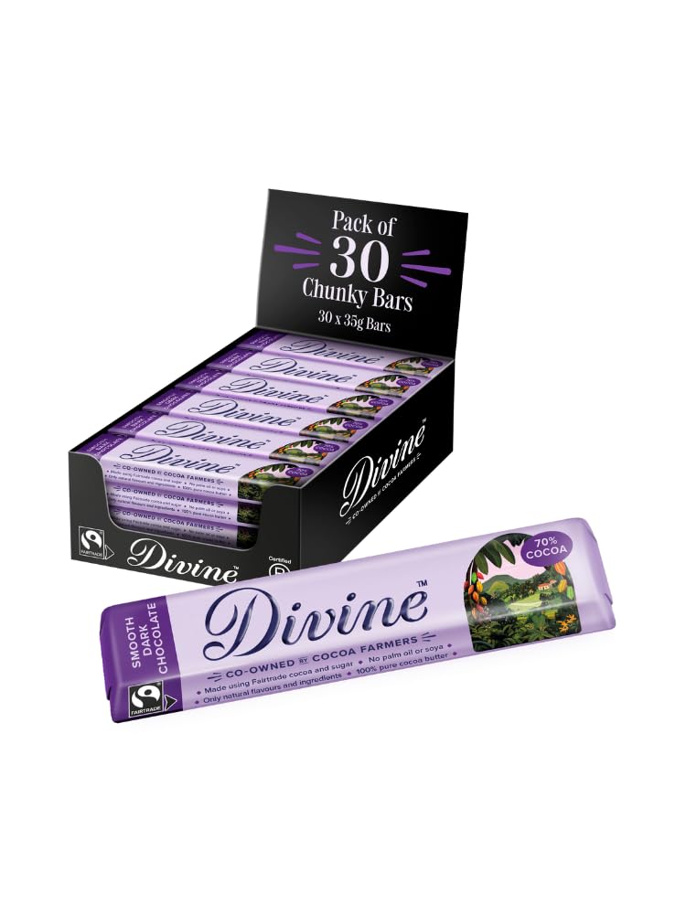 Divine 70% Cocoa Dark Chocolate Bars - 35g Each, Pack of 30