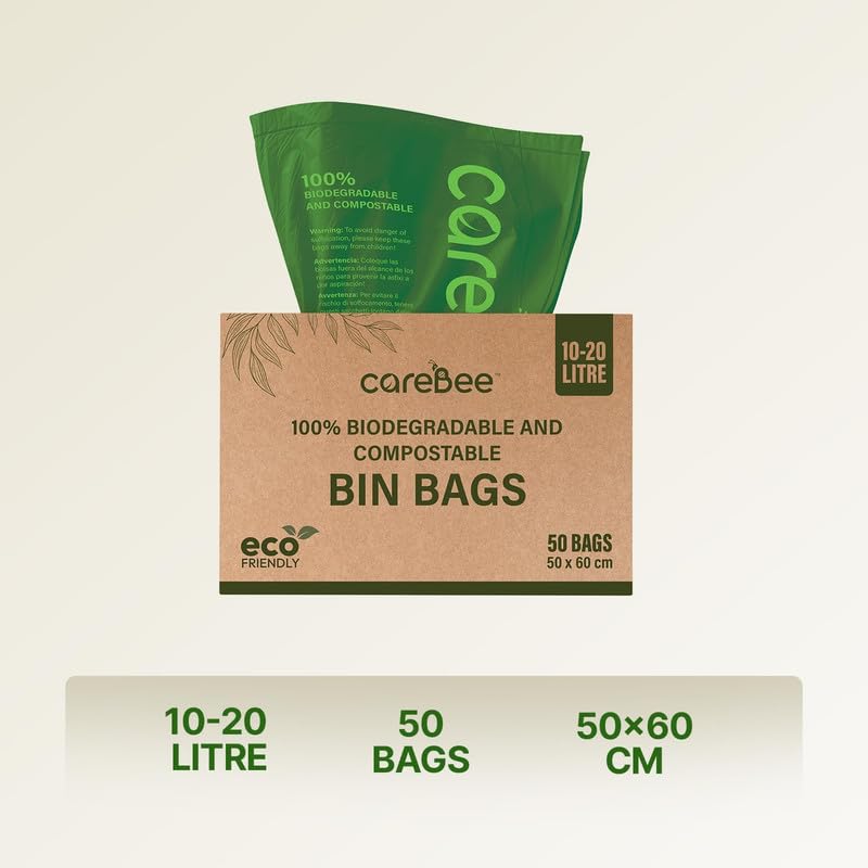 CareBee Biodegradable Kitchen Bin Bags - 50 Bags, 50L Capacity | Compostable & Leak-Proof 5