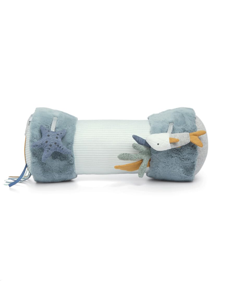 Mamas & Papas - Tummy Time Roll Interactive Soft Baby Pillow with Rattle, Welcome to The World, Blue