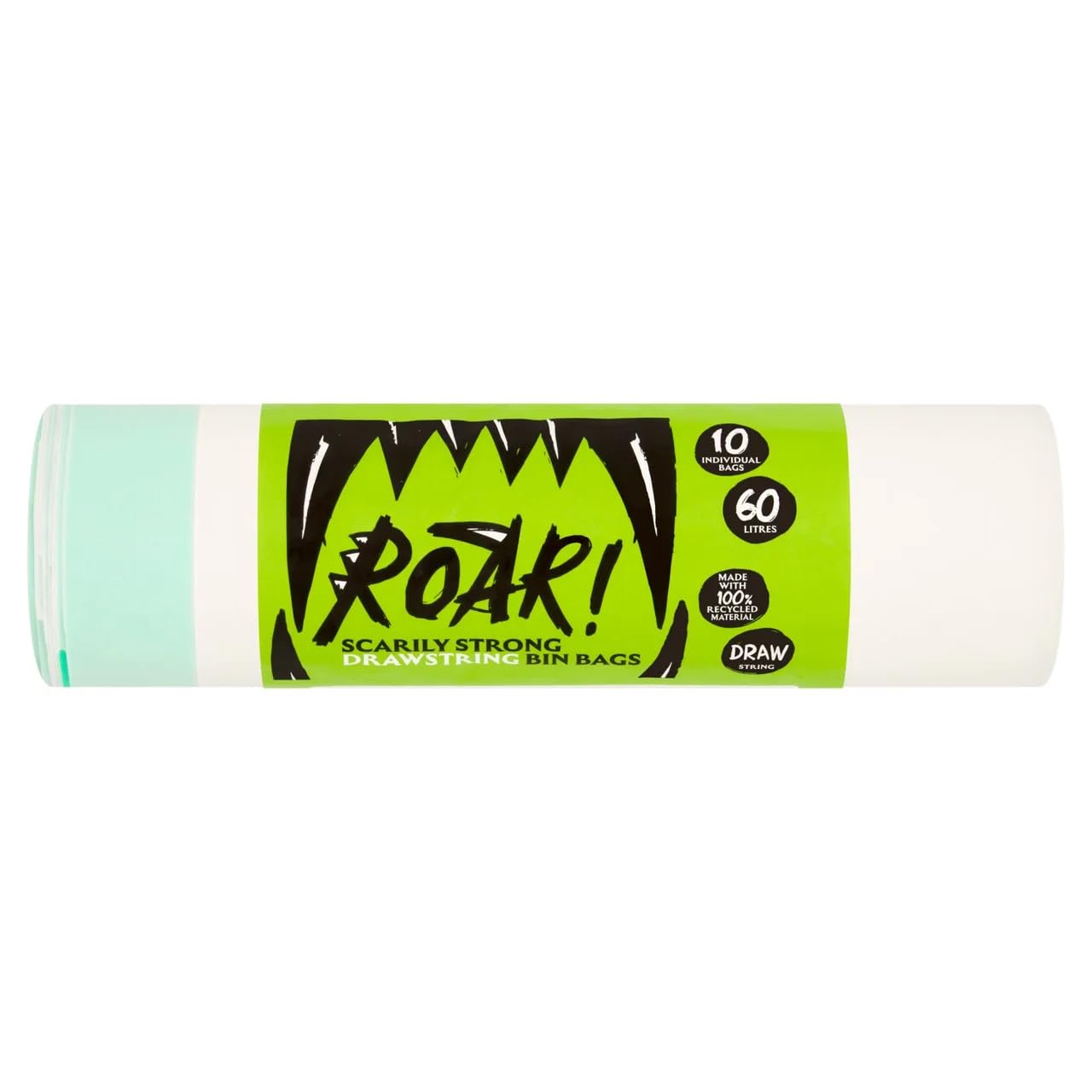 Roar! 60L Bin Bags - 10 Count Double Drawstring Ultra Strong White Liners