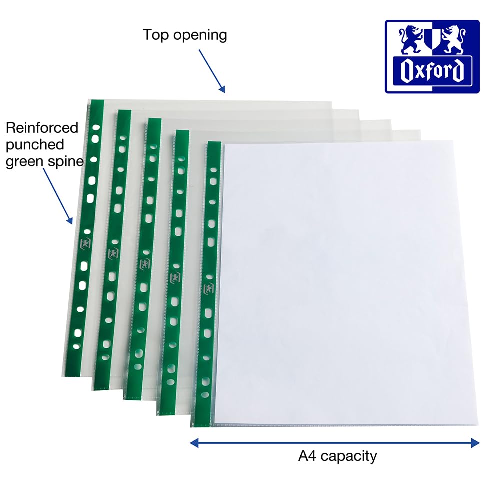 Oxford Heavy Duty A4 Punched Poly Pockets - Glass Clear, Durable Plastic, Box of 100 3