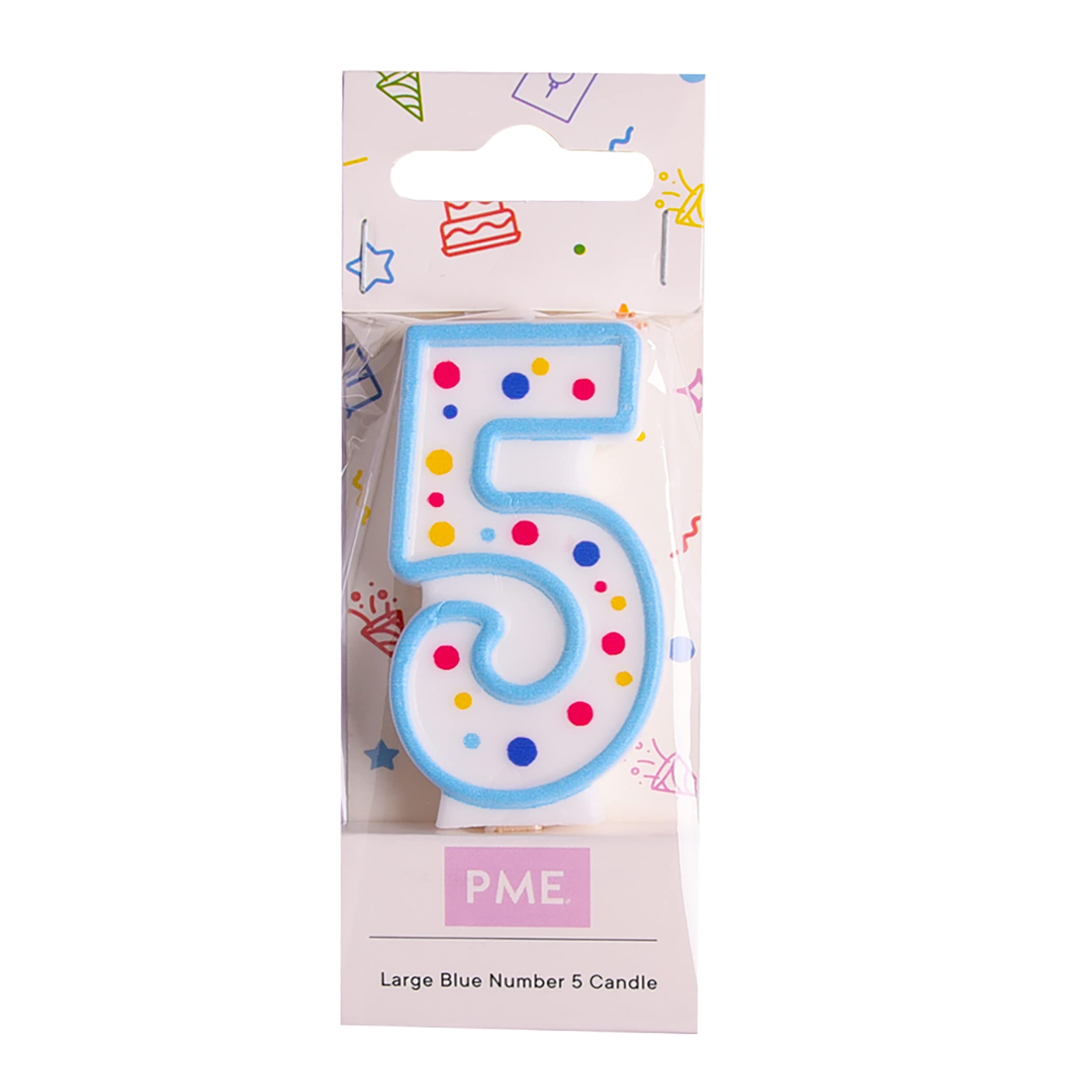 PME Number 5 Birthday Candle - Blue with Multi-Coloured Polka Dots | 6.3cm