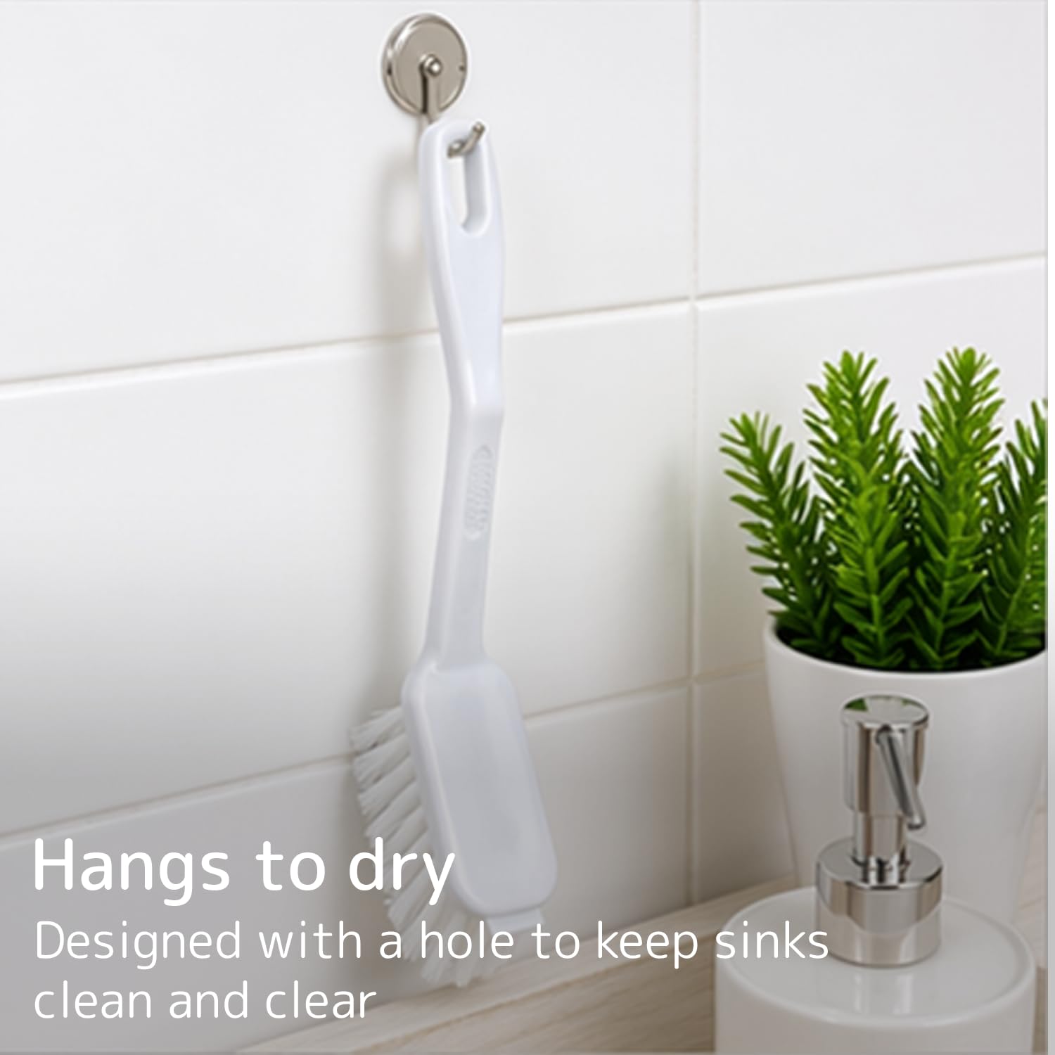 ABENA Dishwashing Brush - 27cm Long Handle with Stiff Bristle & Scraper | White 5