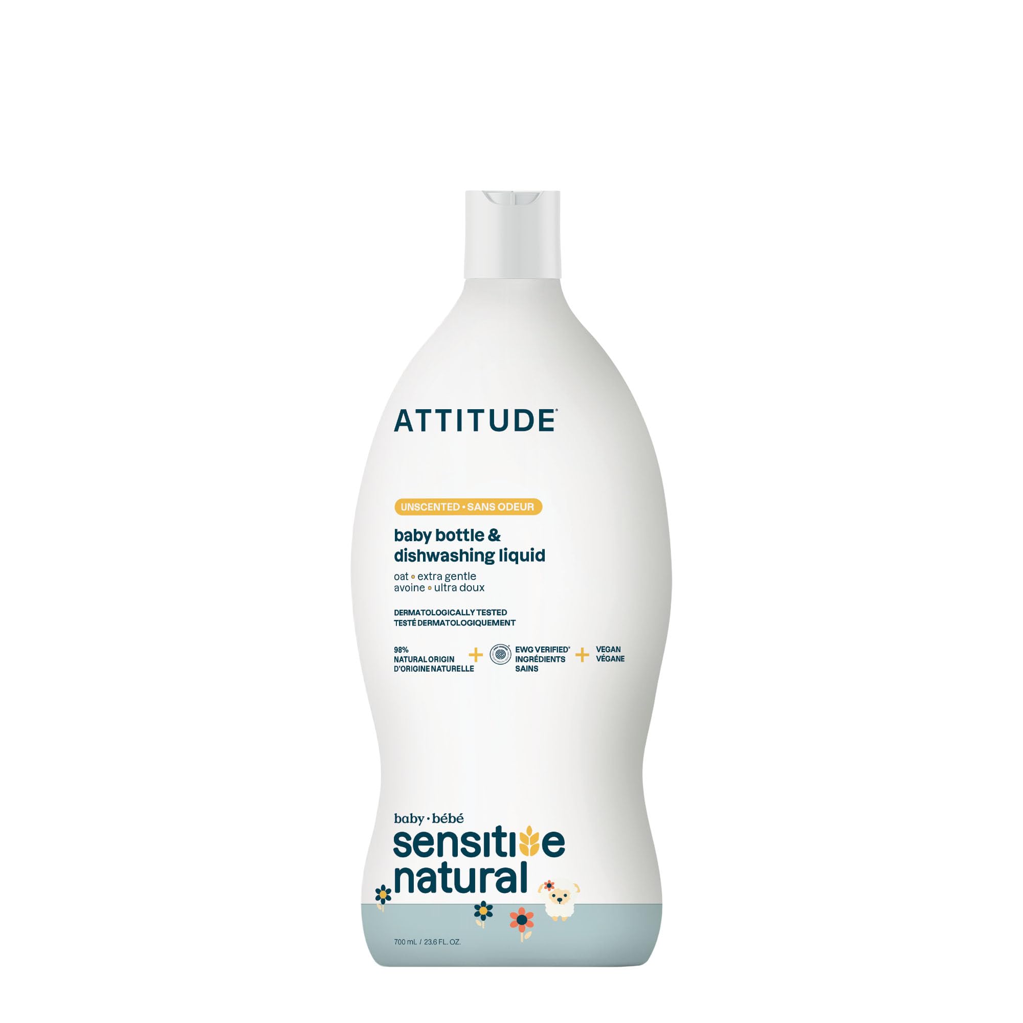 ATTITUDE Sensitive Skin Baby Natural Bottle and Dishwashing Liquid - EWG Verified, Unscented, Vegan Formula, 700 ml