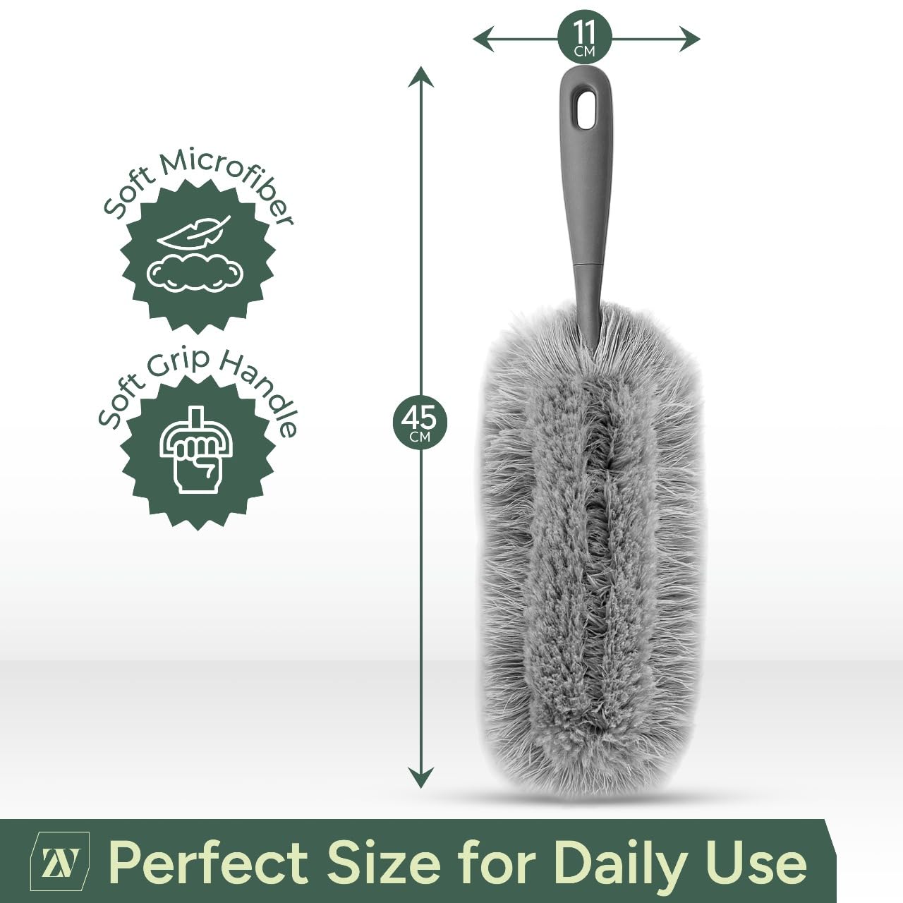 Zuvo Microfiber Duster - Detachable Washable Head | Soft Grip Handle | Grey, Size L