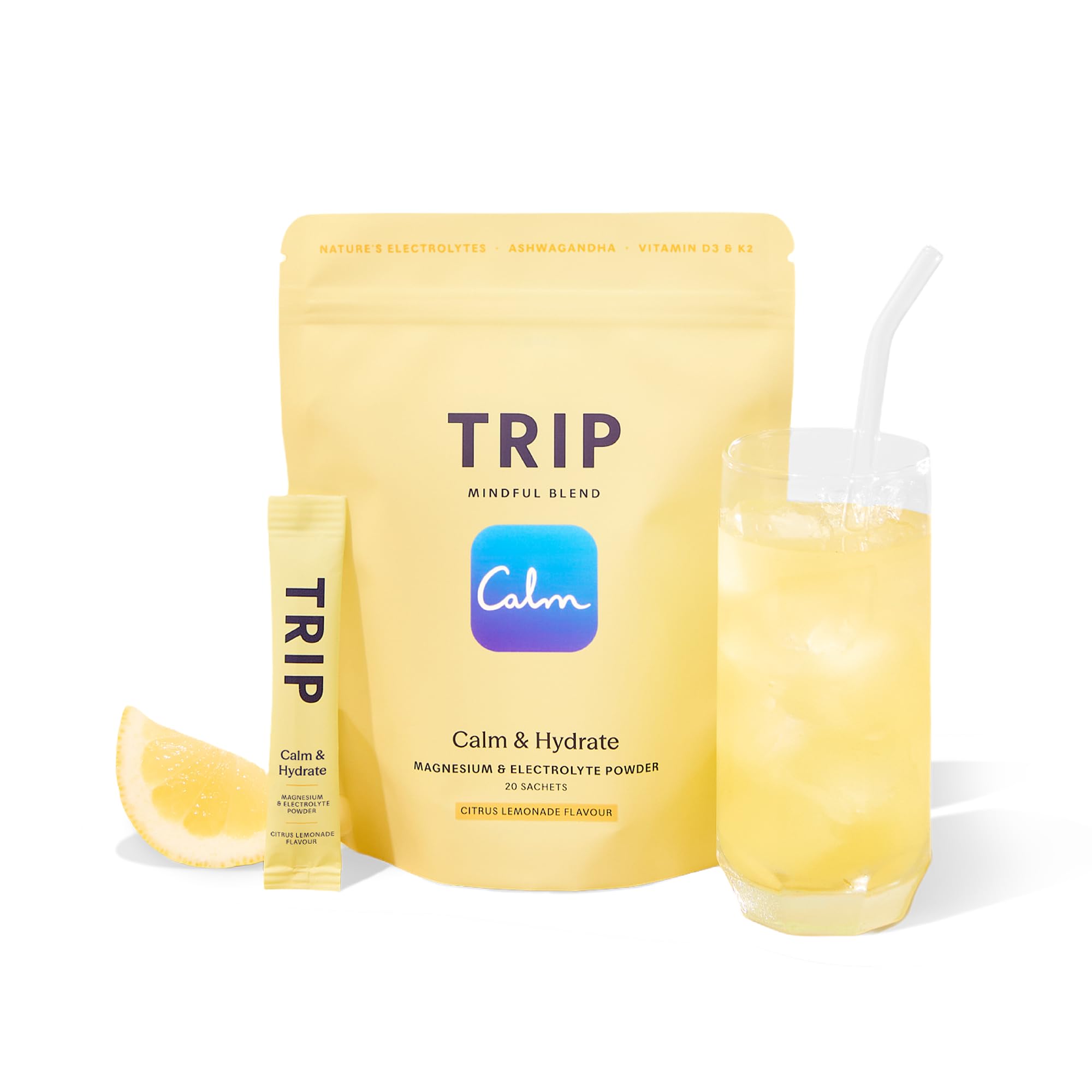 TRIP Calm & Hydrate Electrolyte + Magnesium Powder Citrus Lemonade | On-The-Go Sachets