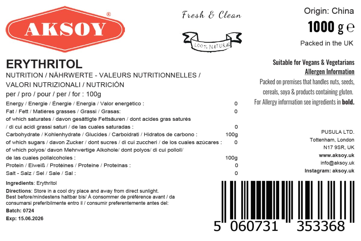 AKSOY Pure Erythritol - 1KG Zero Calorie Sweetener | 100% Natural | Diabetes-Friendly 5