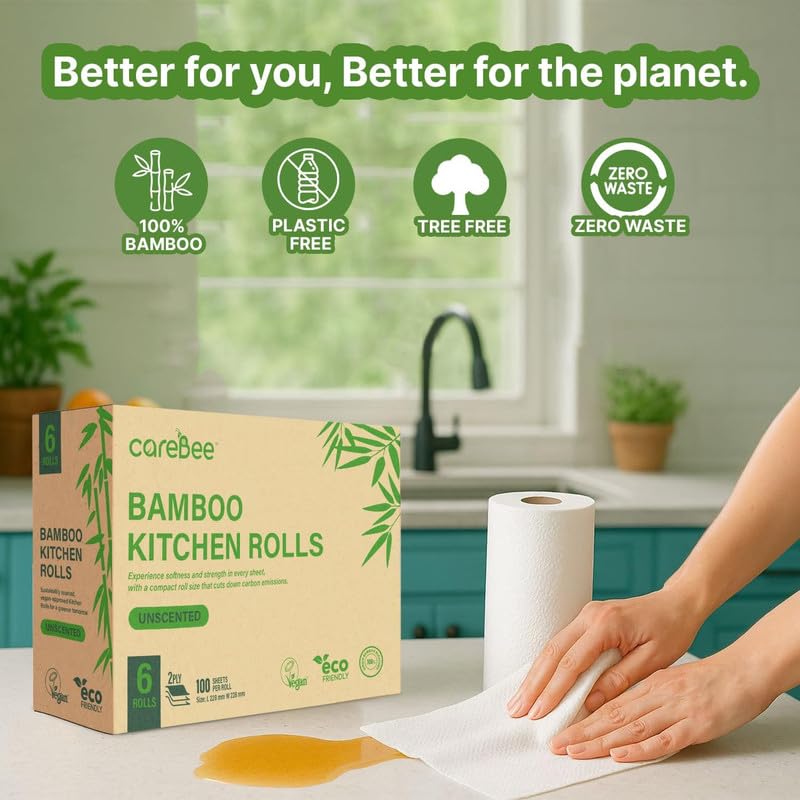 CareBee Kitchen Roll - 2 Ply Strong & Absorbent Bamboo Paper Towels | 6 Pack