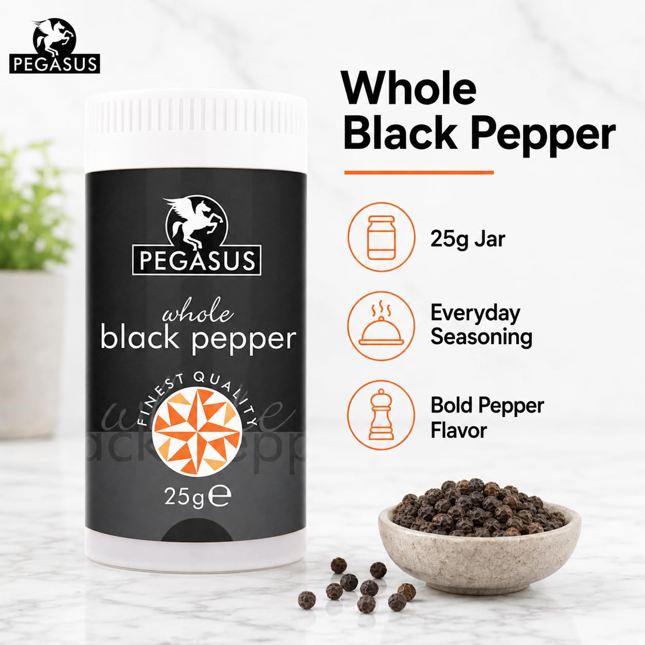 Pegasus Whole Black Pepper - 25g | Premium Peppercorns for Cooking