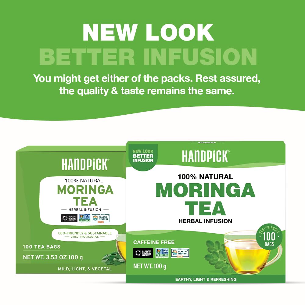 HANDPICK Moringa Tea Bags - 100 Count Caffeine Free Herbal Tea | Non-GMO, Eco-Conscious Teabags