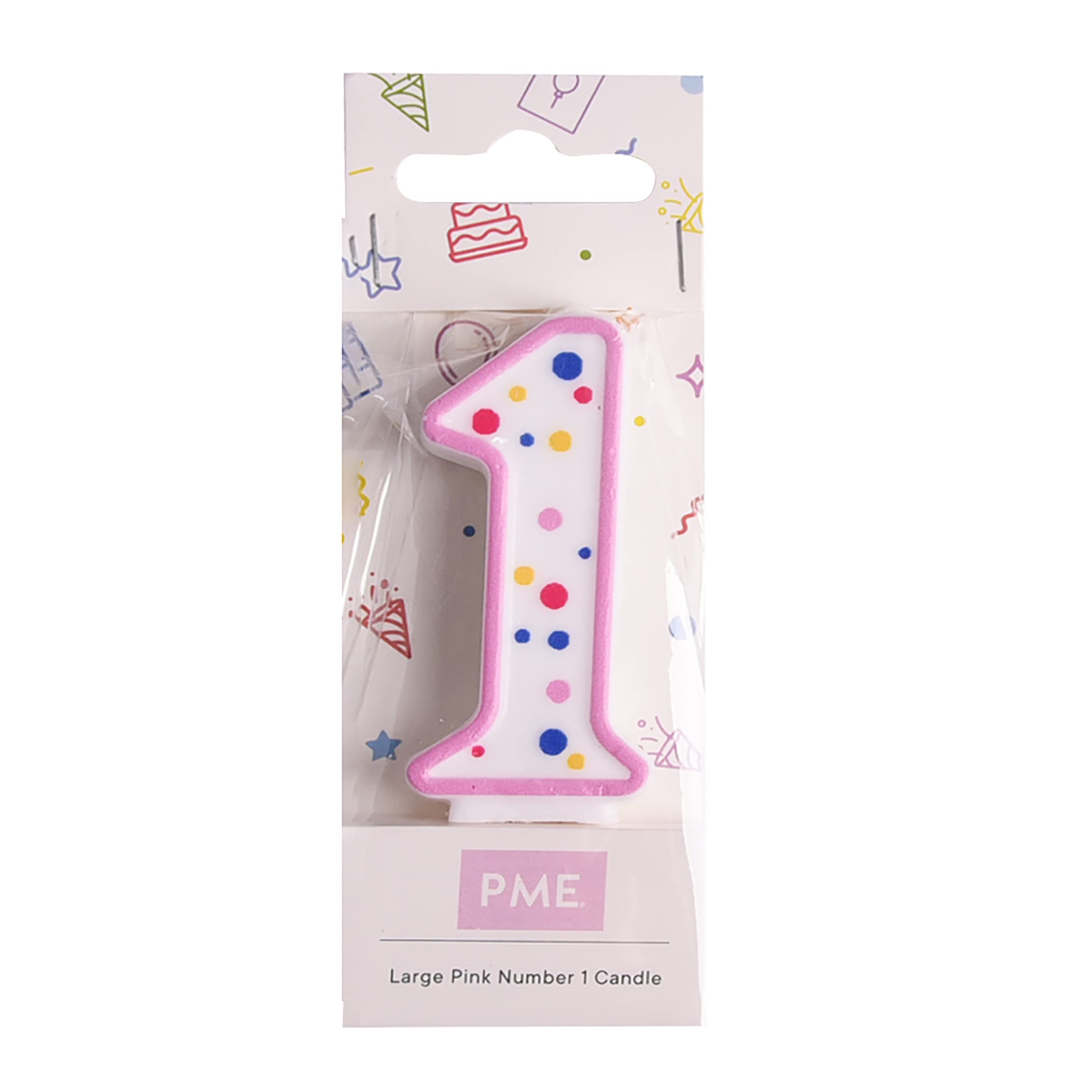 PME Pink Number 1 Birthday Candle - Large Size (6.3cm) with Multi-Coloured Polka Dots