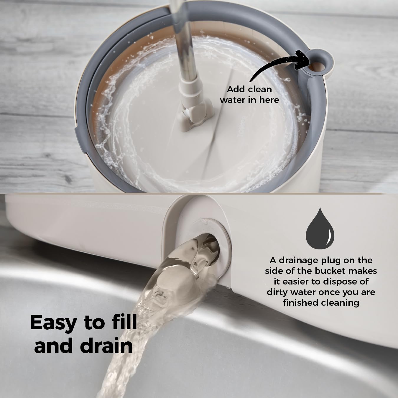 Tower Duo Compact Spin Mop & Bucket - Clean/Dirty Water Separation | 2 Microfibre Pads | Latte & Grey 5
