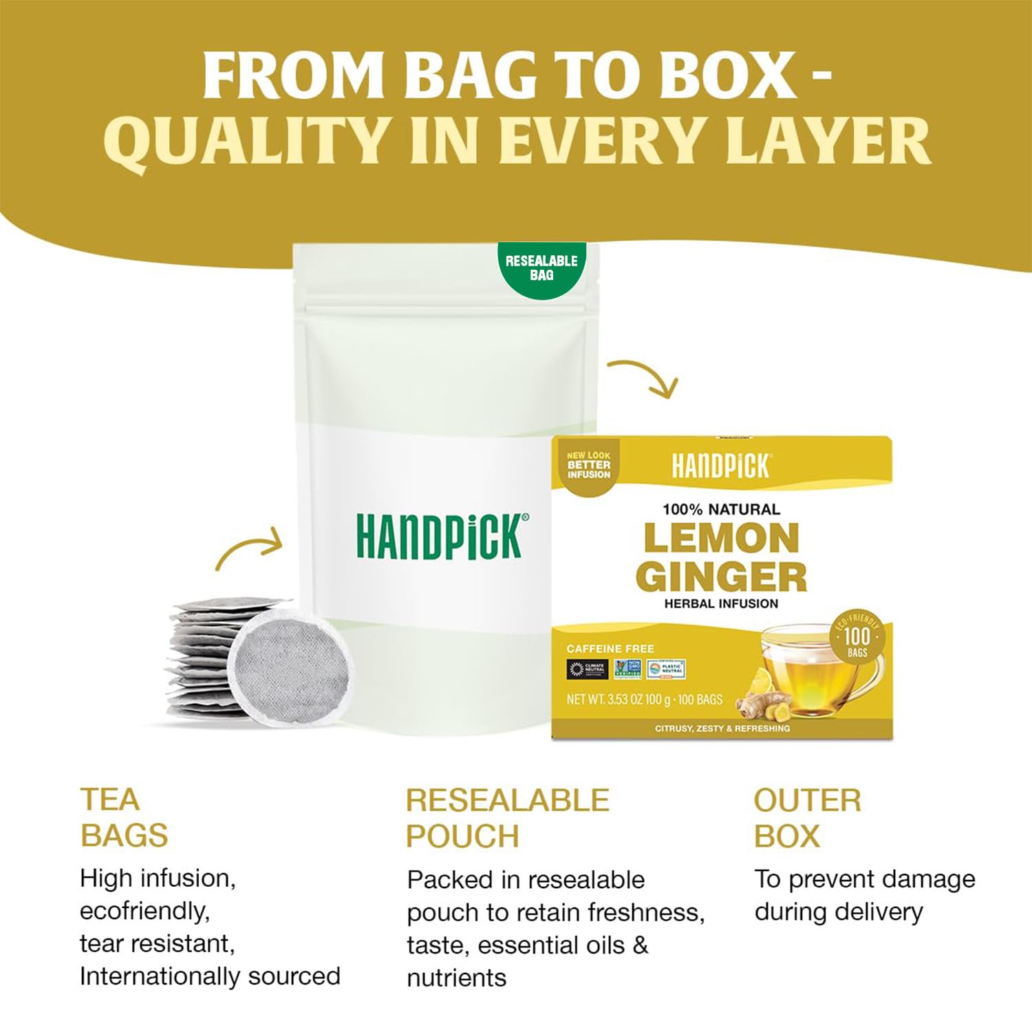 HANDPICK Lemon Ginger Herbal Tea Bags - 100 Count | Lemon, Ginger, Lemongrass & Licorice Blend | Eco-Conscious 7