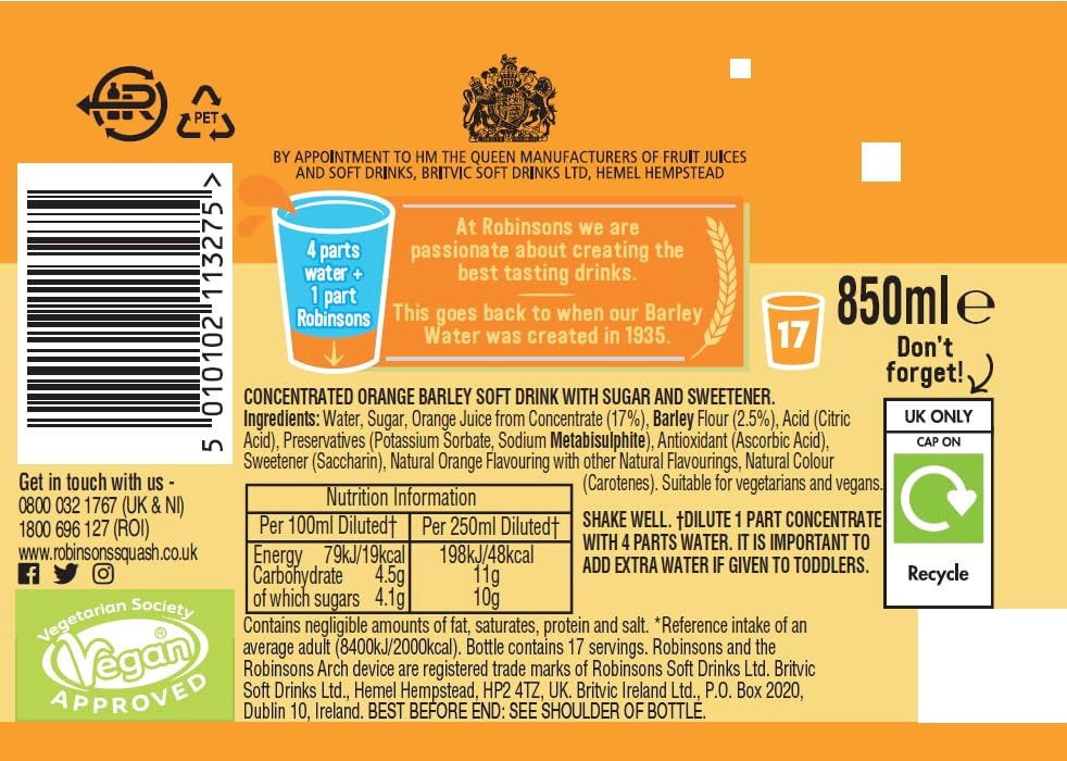 Robinsons Barley Water – Echtes Fruchtsirup, kalorienarm, Orange – 850 ml 5