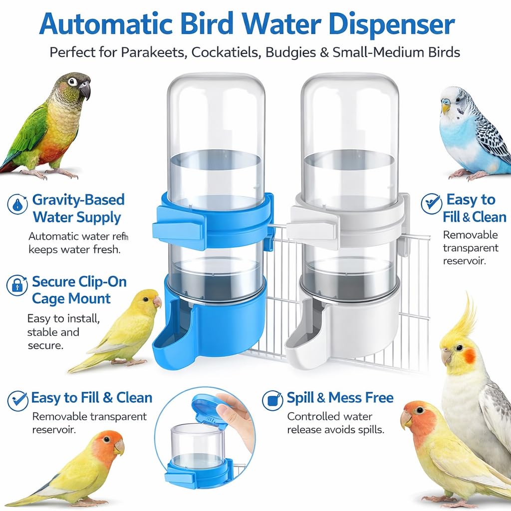 Muexoee Automatic Bird Water Dispenser - 2 Pack Cage-Mounted Gravity Feeder | White & Blue 3