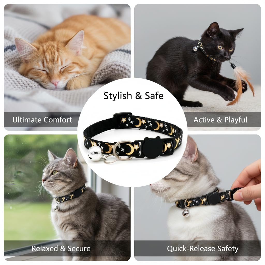 Muexoee Reflective Adjustable Cat Collar with Bell - Moon Star Print, Black, 2 Pack 5