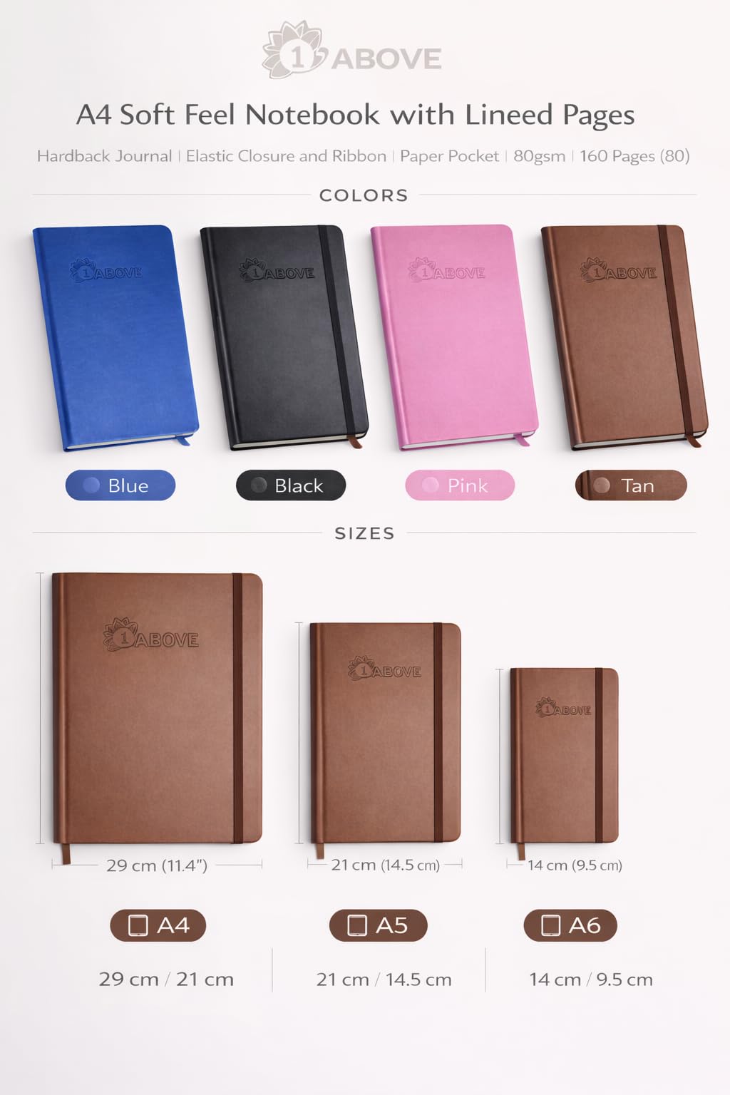 1ABOVE A5 Soft Feel Hardback Notebook - 160 Lined Pages, Blue | Elastic Closure | Bookmark 5