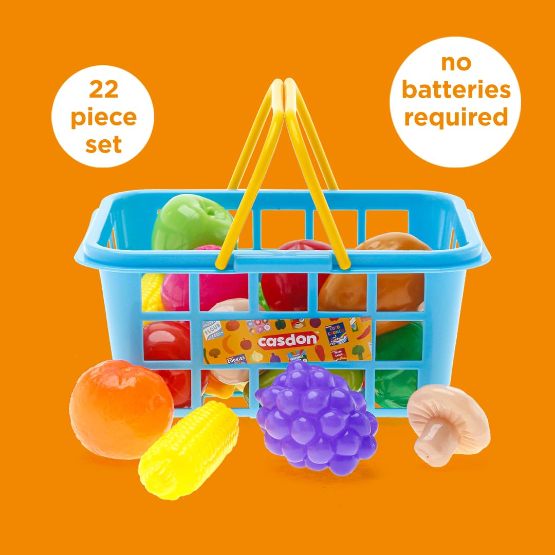 Casdon Fruit & Veg Assorted Toy Basket with 21 Pieces | Ages 2+ | Plastic