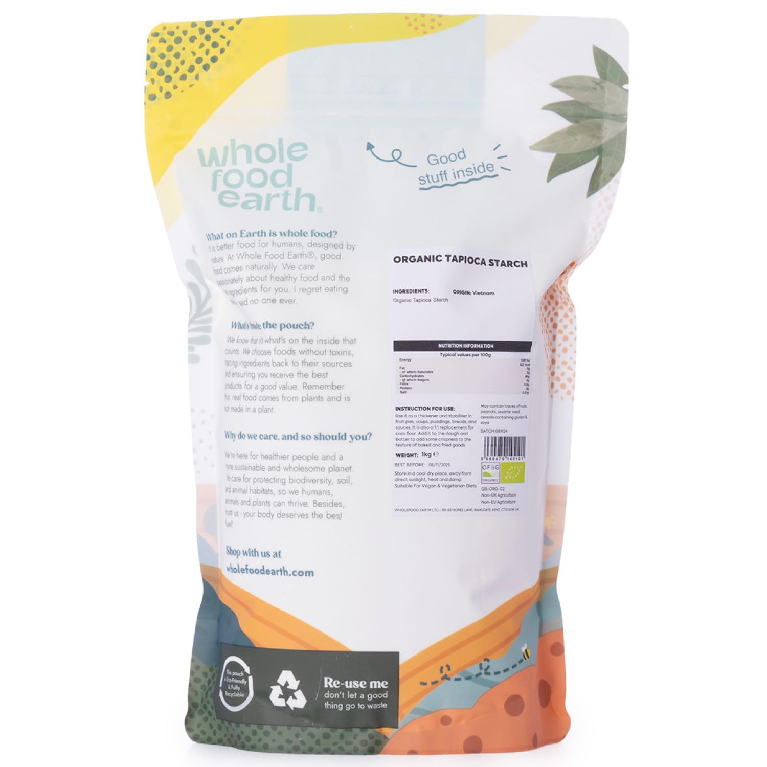 Wholefood Earth Organic Tapioca Starch - 1 kg | GMO Free | Thickener & Stabilizer