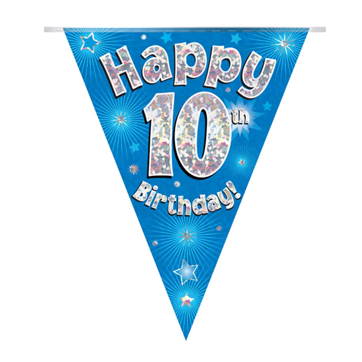 OakTree Happy 10th Birthday Blue Holographic Bunting Banner | 11 Flags | 3.9m Length