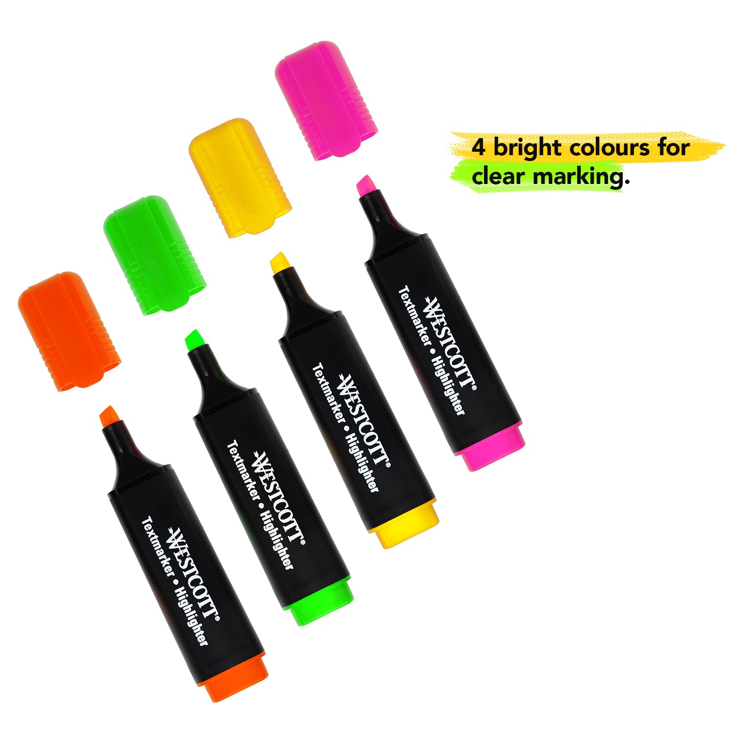 Westcott Highlighter Markers - 4 Pack (Green, Yellow, Orange, Pink) | 2-5mm Tip | Quick-Drying Ink 3