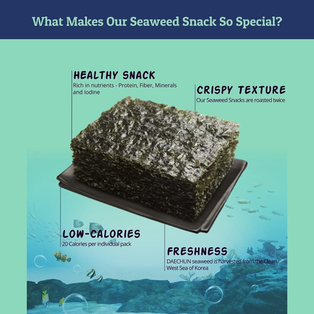Organic DAECHUN Roasted Seaweed Snacks, 20-Pack, USDA Certified, Low-Calorie, Gluten-Free, Vegan