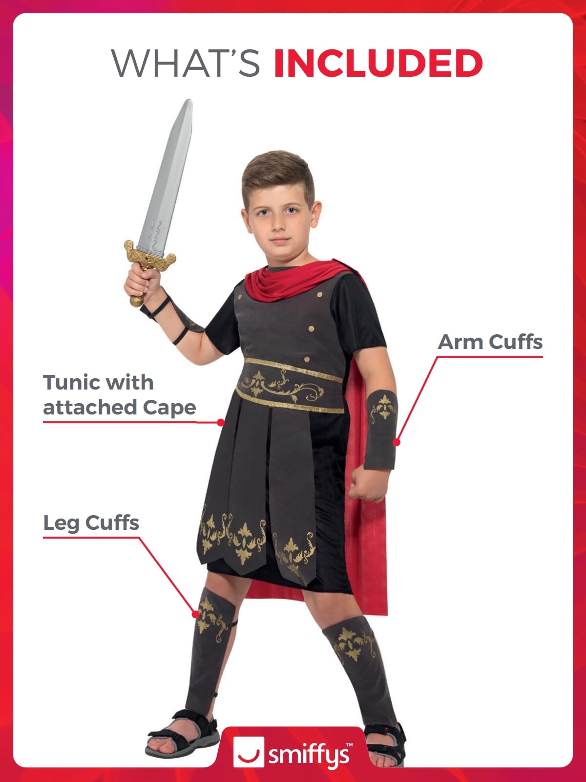 Smiffys Roman Soldier Costume Boys Black Tunic with Attached Cape Arm and Leg Cuffs, Child Gladiator Warrior Fancy Dress Outfit for World Book Day Halloween Parties Age 7-9