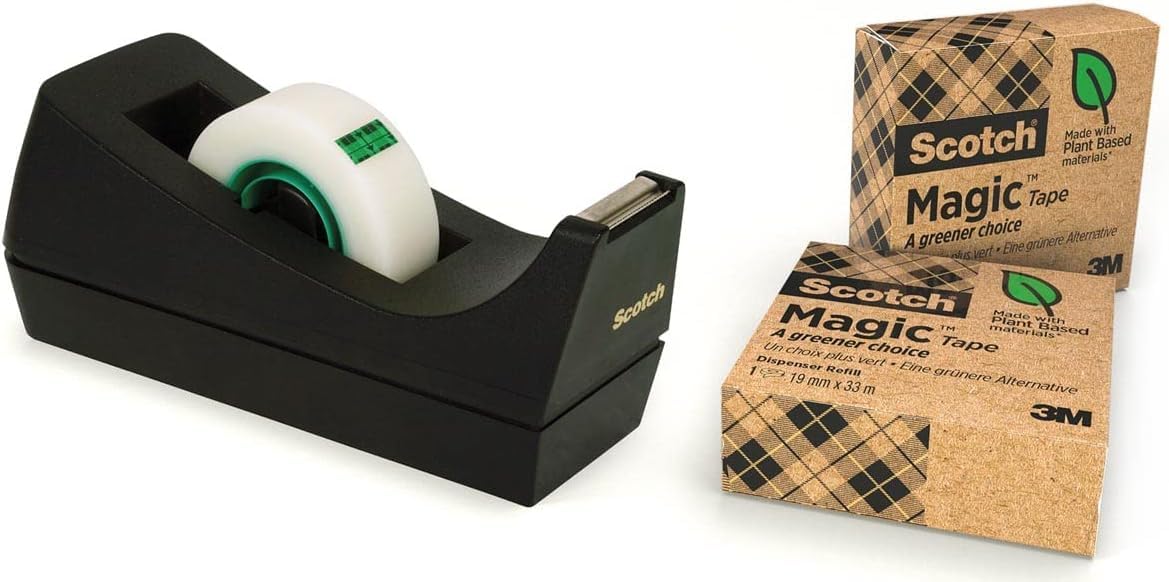 Scotch Magic Tape Dispenser - Black Dispenser with Plant-Based Adhesive Tape | 99.0 meter Unit Count