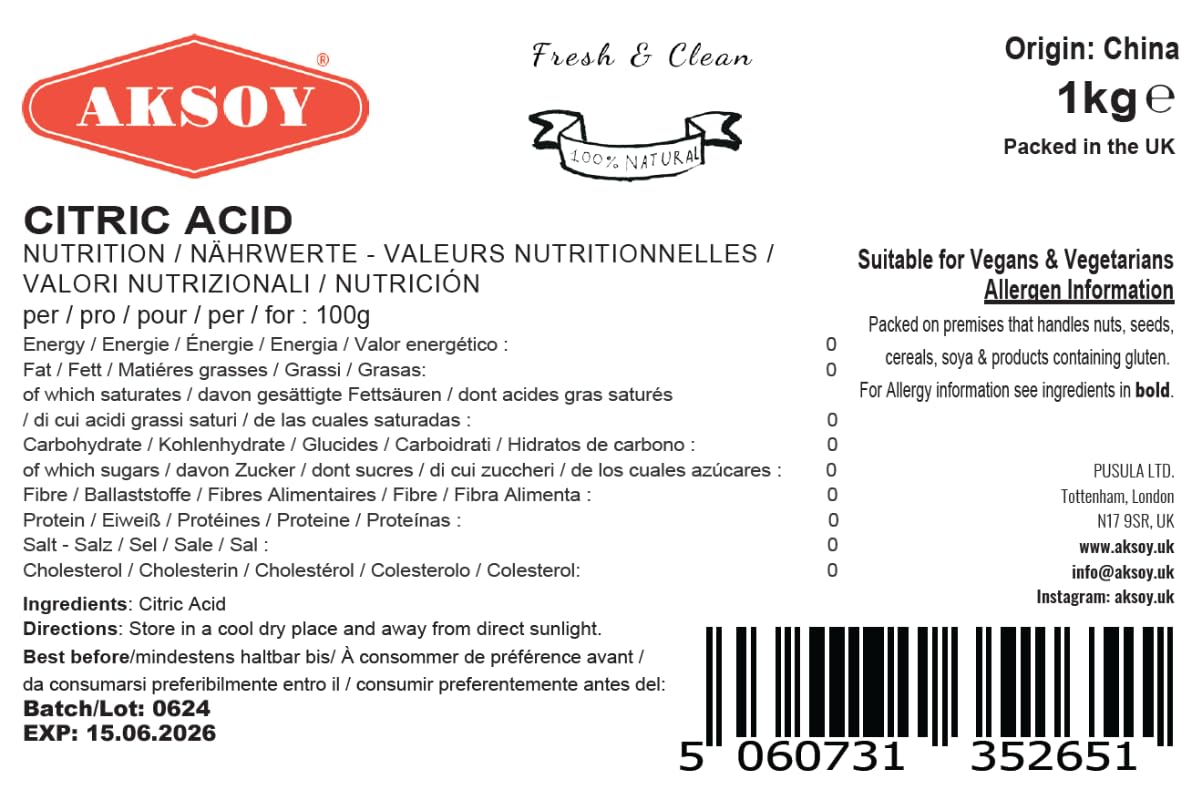 AKSOY Citric Acid Food Grade - 1000g Non-GMO Anhydrous Granule De-Scaler 7