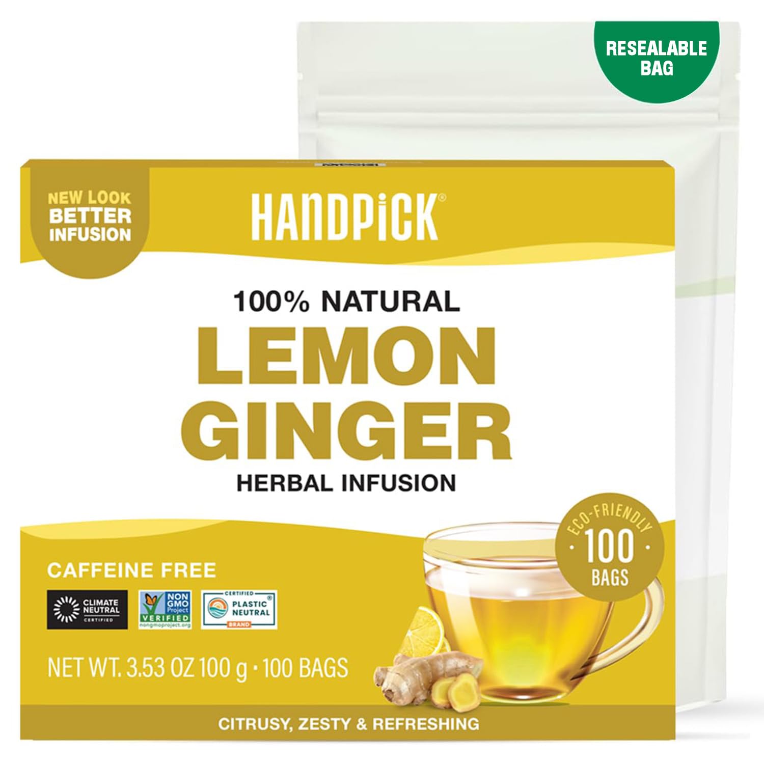 HANDPICK Lemon Ginger Herbal Tea Bags - 100 Count | Lemon, Ginger, Lemongrass & Licorice Blend | Eco-Conscious