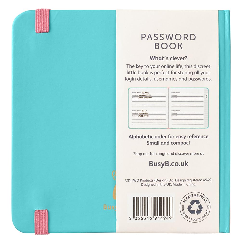 Busy B Password Book - Turquoise Cover | A-Z Index | Holds 186 Logins | 11cm x 11cm 3