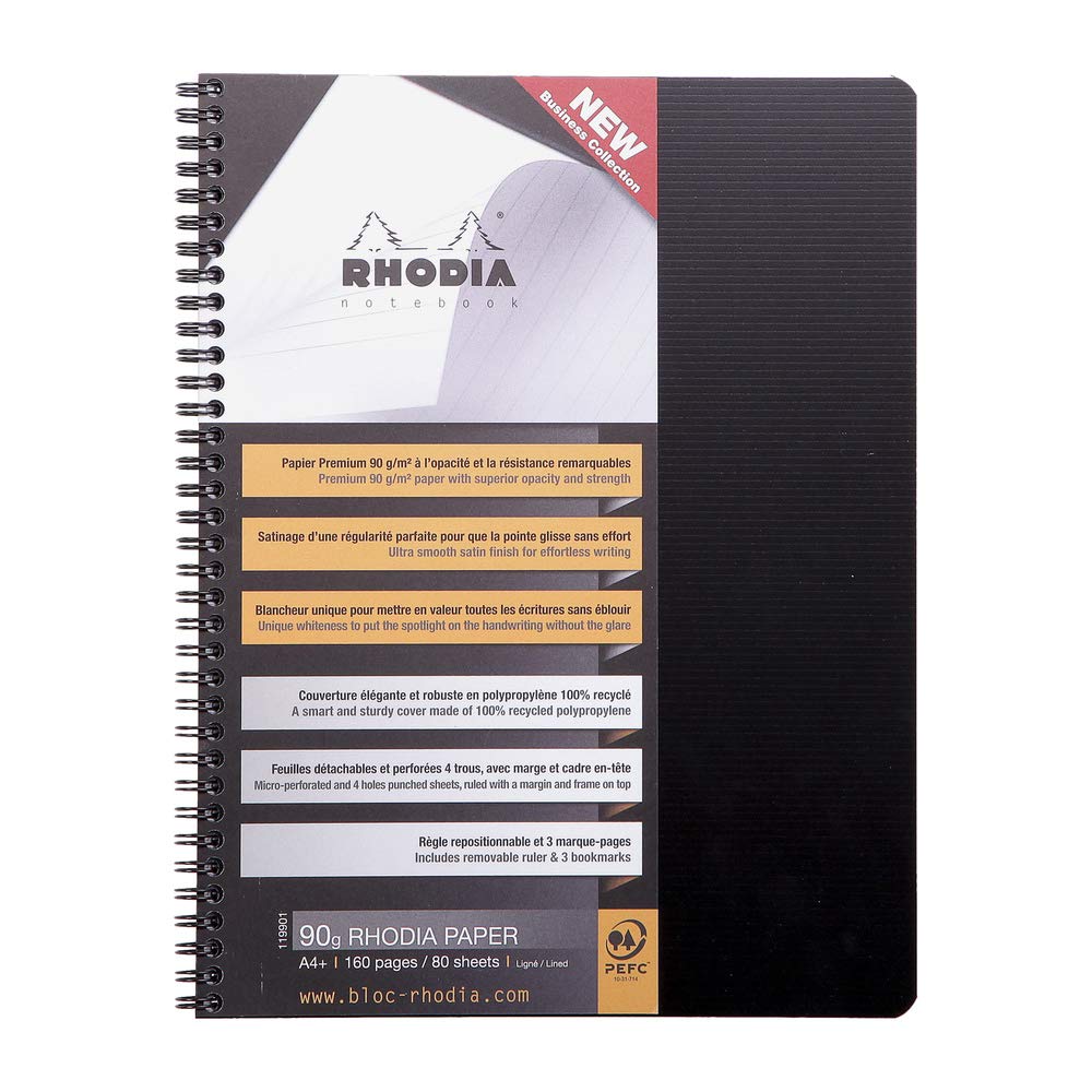 Rhodia 119901C Spiral Notebook - Black A4+ | Lined | 160 Microperforated Pages