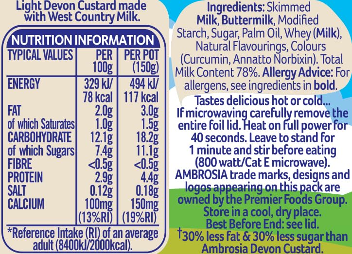Ambrosia Light Devon Custard Pot - 30% Less Sugar & Fat | Ready to Eat | 150g