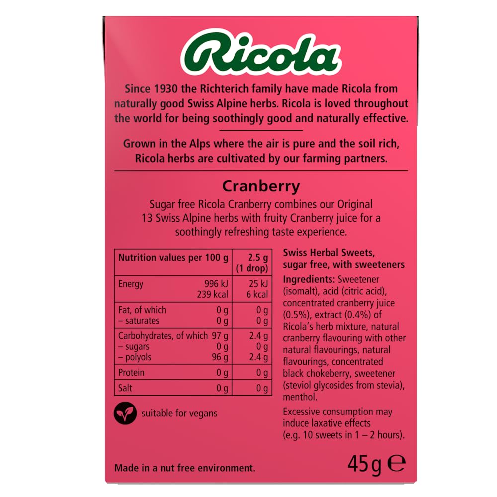 Ricola Cranberry Sugar Free Swiss Herbal Sweets - 45g Box | Sugar Free, Vegan, Gluten Free 3
