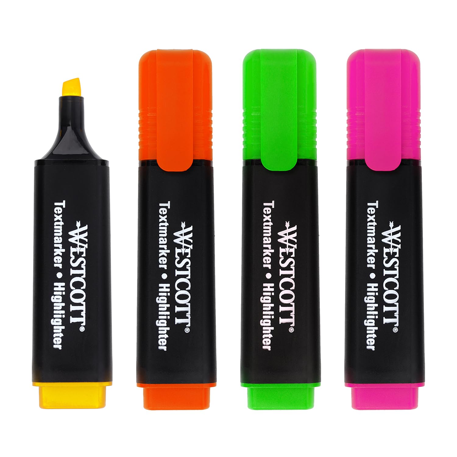 Westcott Highlighter Markers - 4 Pack (Green, Yellow, Orange, Pink) | 2-5mm Tip | Quick-Drying Ink