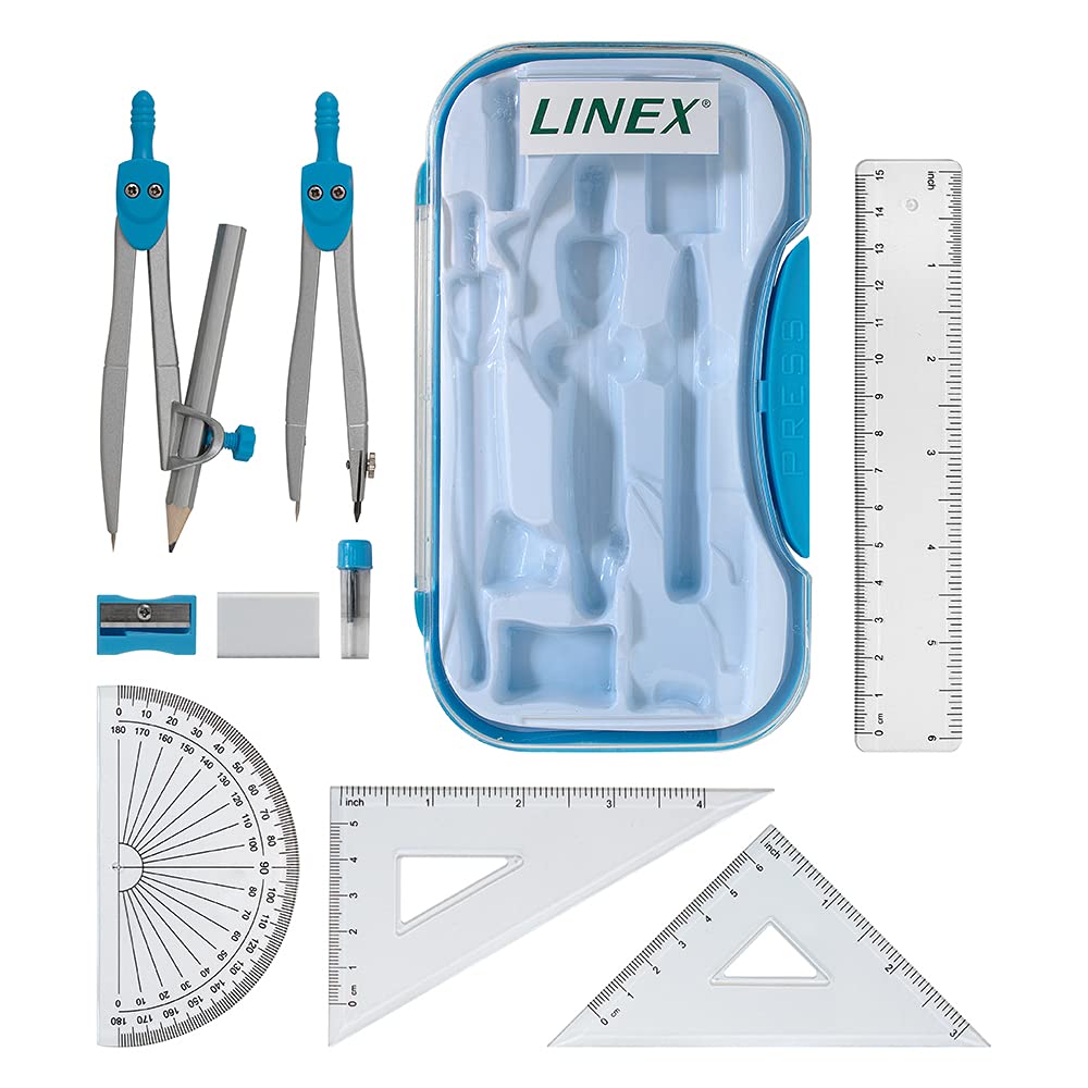 Linex 10-Piece Maths Geometry Set - Complete Exam Kit with Transparent Case, Blue